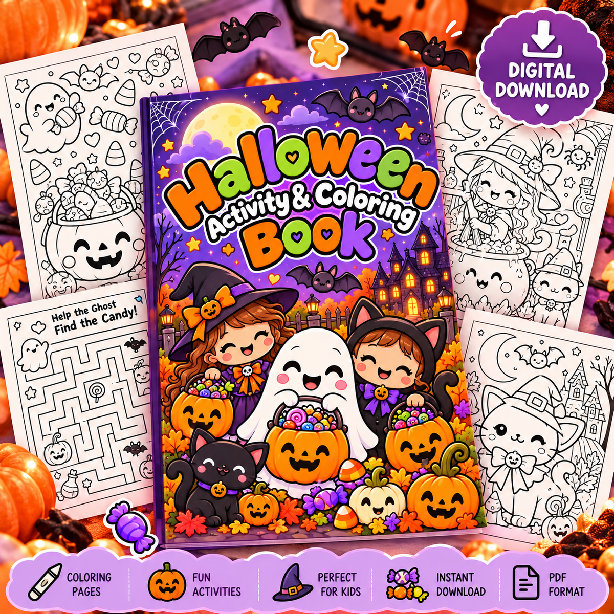 Halloween Activity & Coloring Book for Kids | Printable Halloween Activities | Digital Download